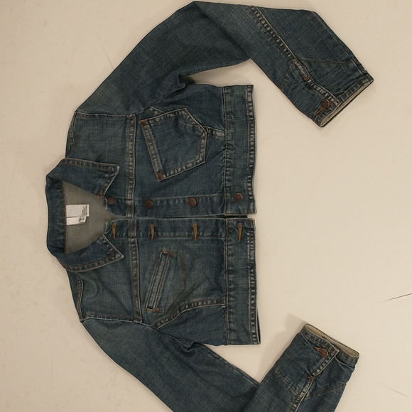 Crop Denim Jean Jacket Short sz Lg Natural Wear 44 Chest some Stretch Mid Wash - Picture 7 of 9